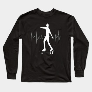 Roller Skate line drawing and heartbeat in white for skaters and roller derby fans Long Sleeve T-Shirt